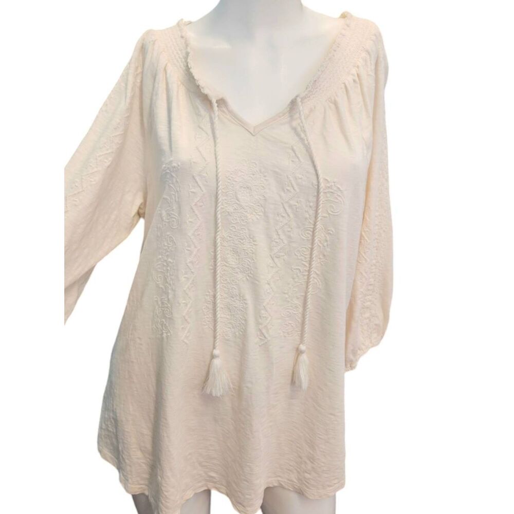 Ruff Hewn Off White Boho Balloon Sleeve Embroidered Top size Large